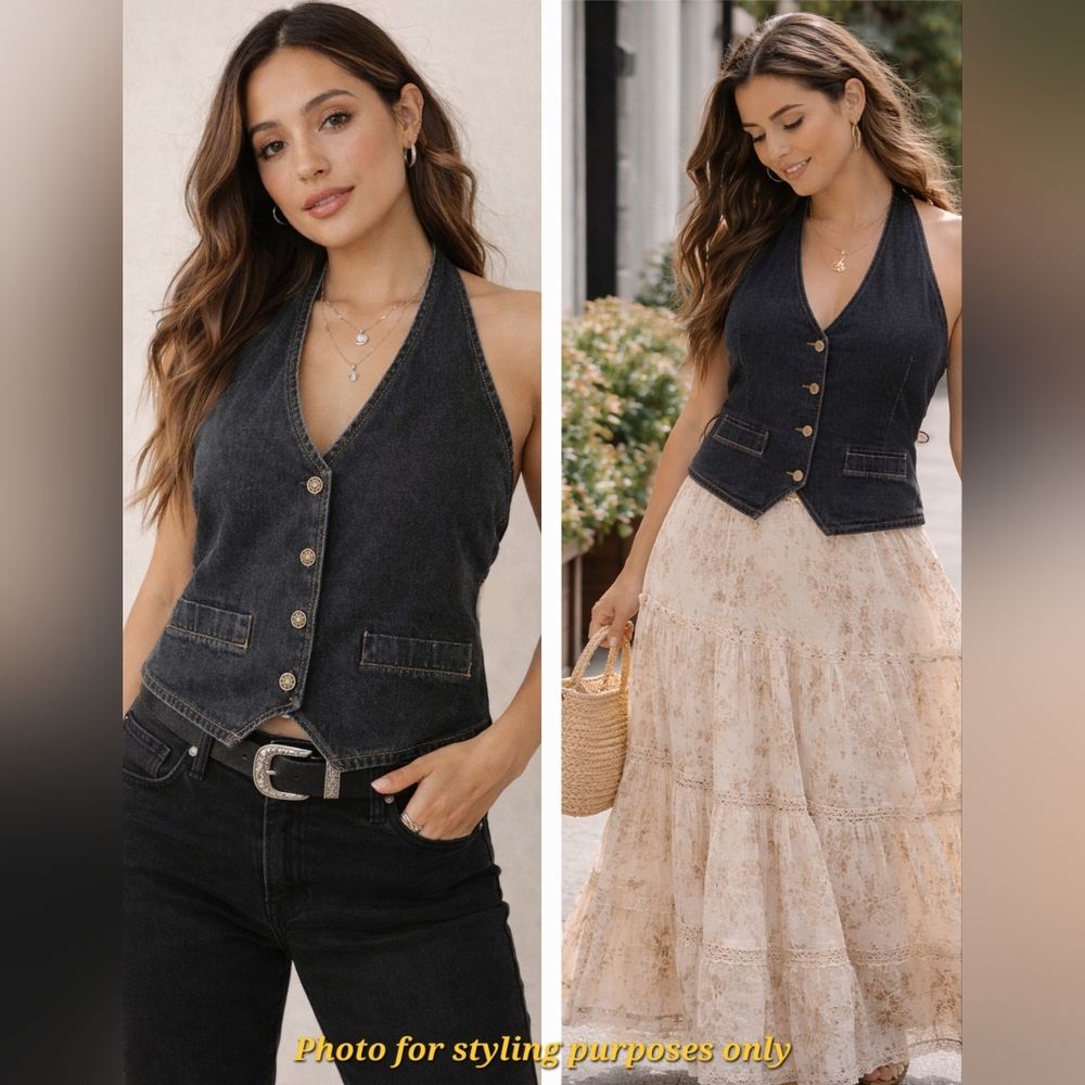 LIONESS Women's THE HILLS Dark Denim REVOLVE Western HALTER Summer TOP Size S M